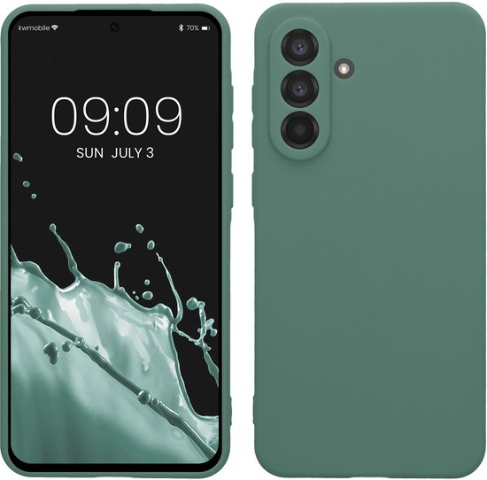 Coque de téléphone verte avec finition mate, façade montrant un téléphone avec écran de démarrage.