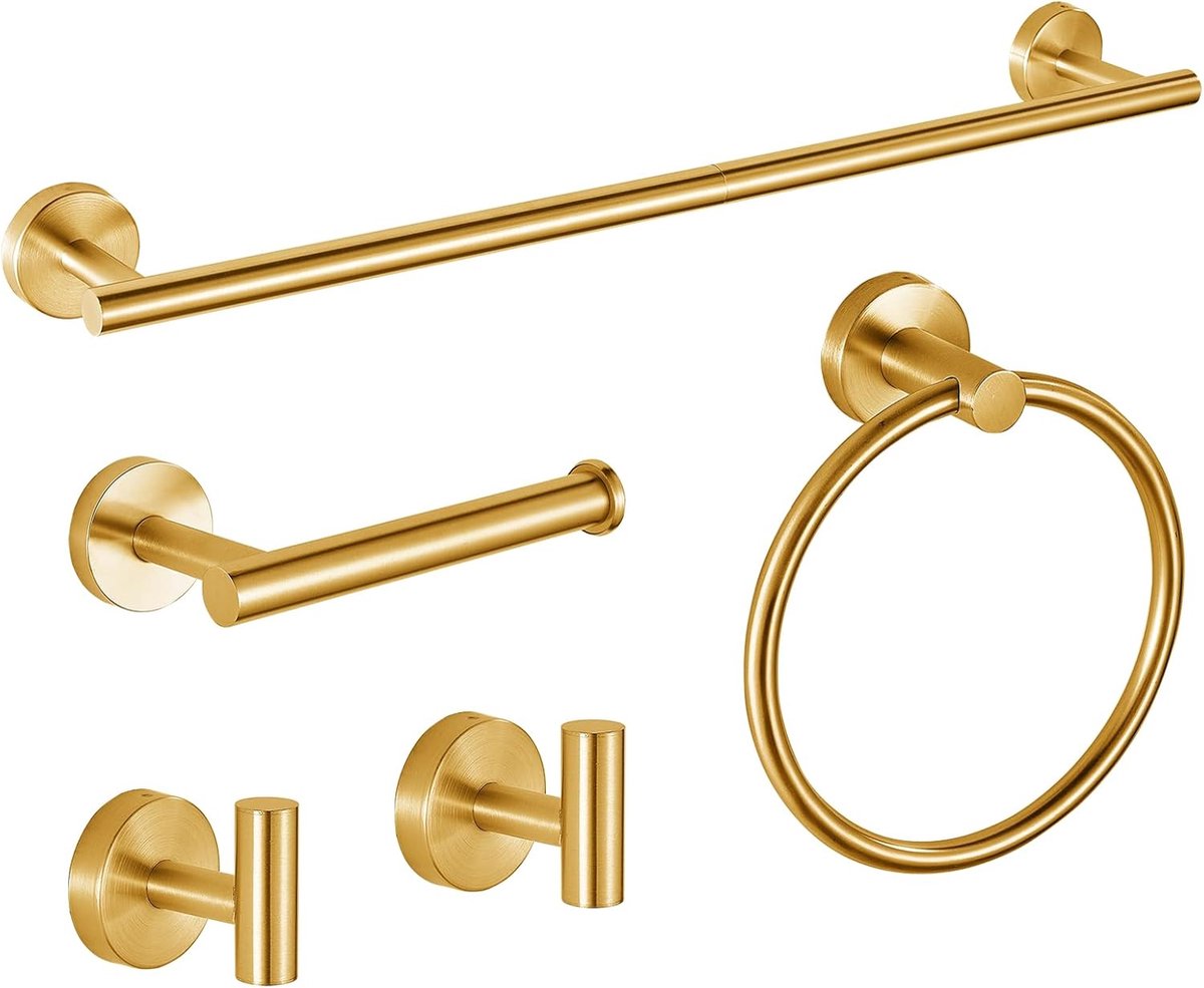 badkamerhardwareset, SUS304 roestvrij staal 61 cm handdoekstang, toiletpapierhouder, handdoekring, badhaken, wandgemonteerde badaccessoires voor moderne badkamer, 5-delig