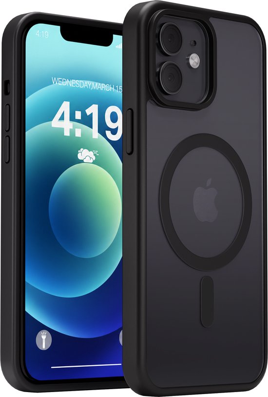 Zwart hoesje met magneetcirkel en Apple logo, op een iPhone 12/12 Pro.