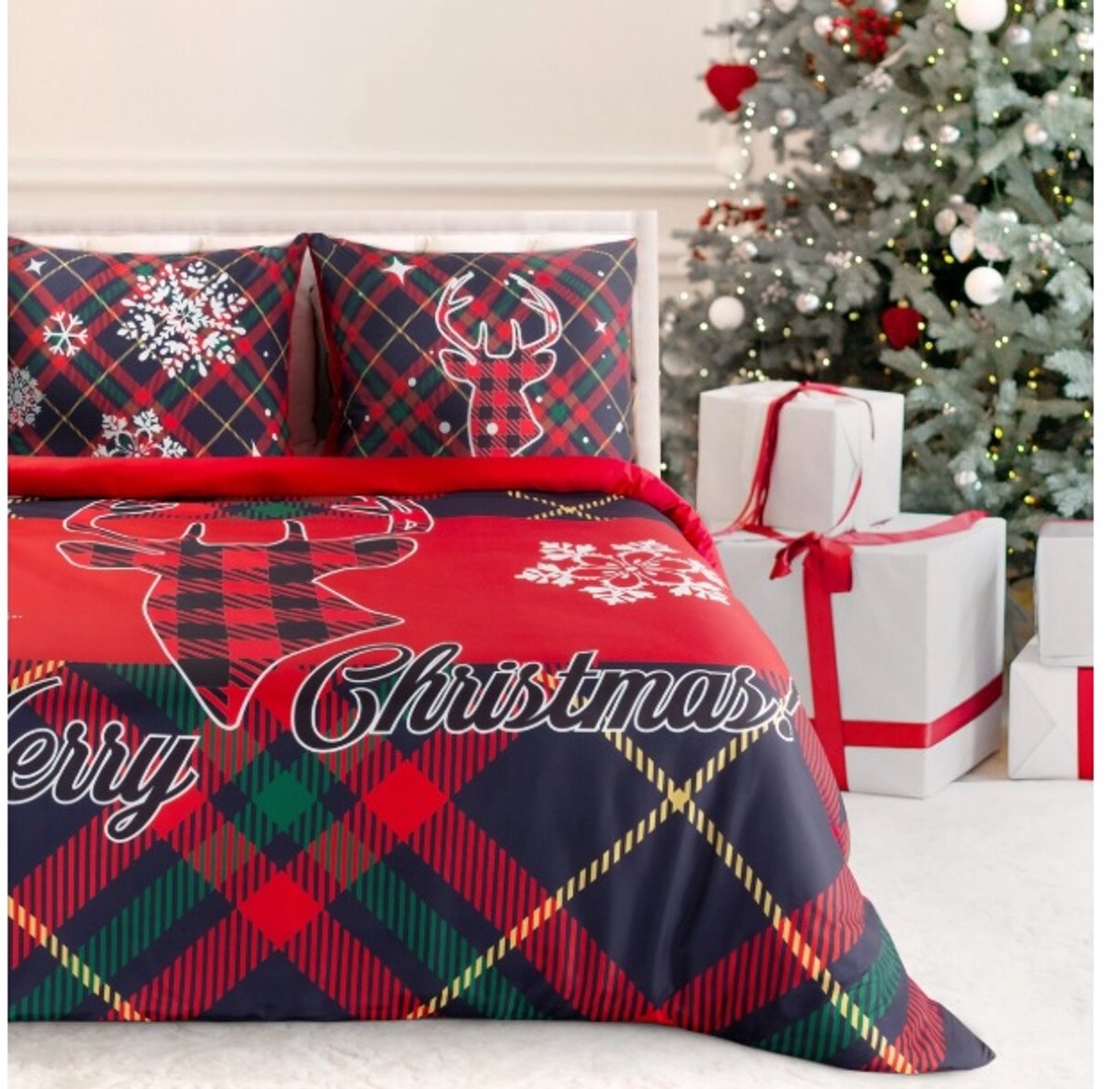 Kerstbeddengoed van microvezel Merry Christmas - 140 cm x 200 cm + één kussenslop van 70 cm x 80 cm - Dekbedovertrek - PTR-14