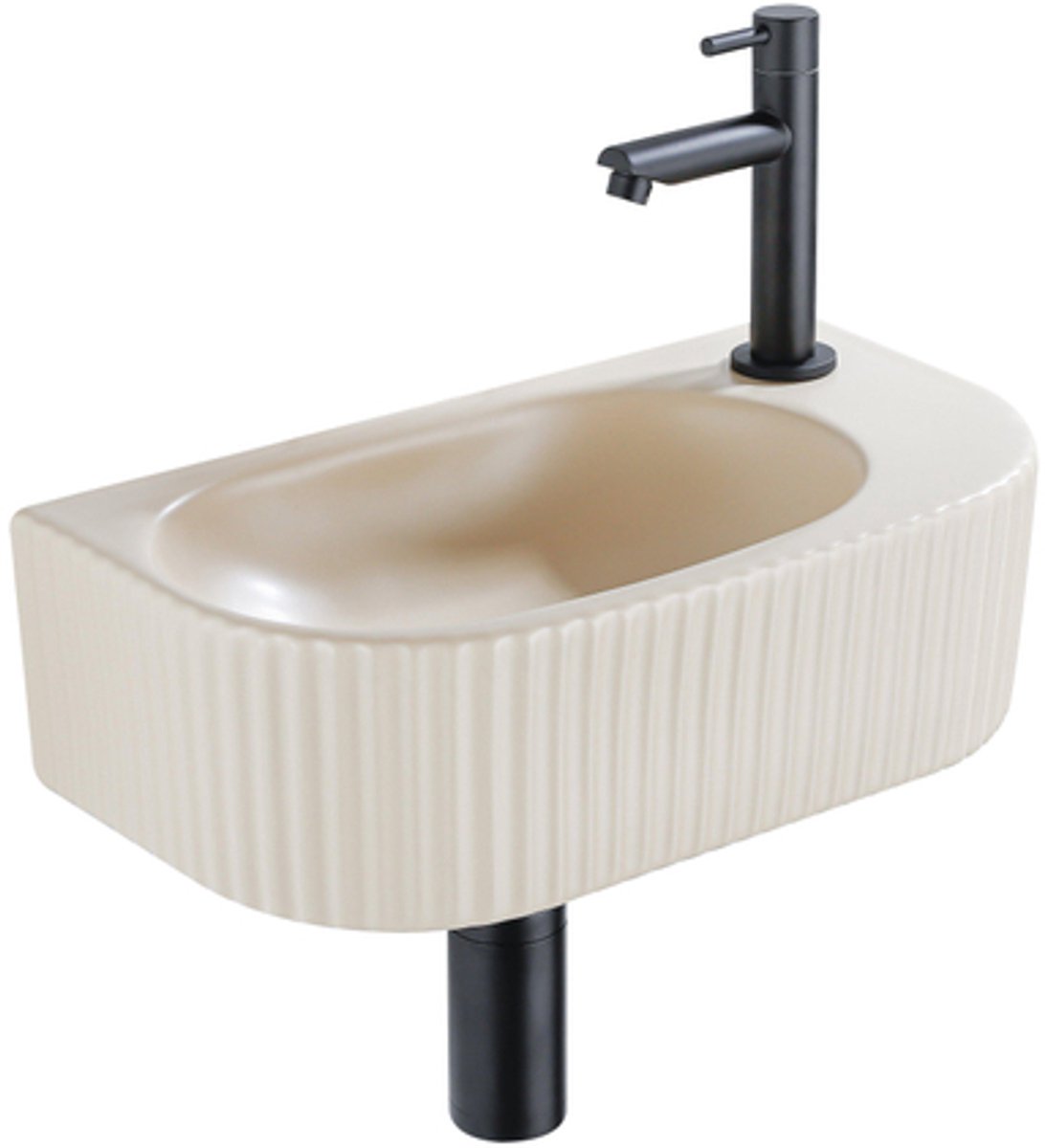 Fugaflow Efficiente Pietra Fonteinset - 40x21.5x12cm - rechts - geribbeld - halfrond - 1 kraangat - keramiek - fonteinkraan zwart mat - afvoerplug - verlaagd sifon - beige