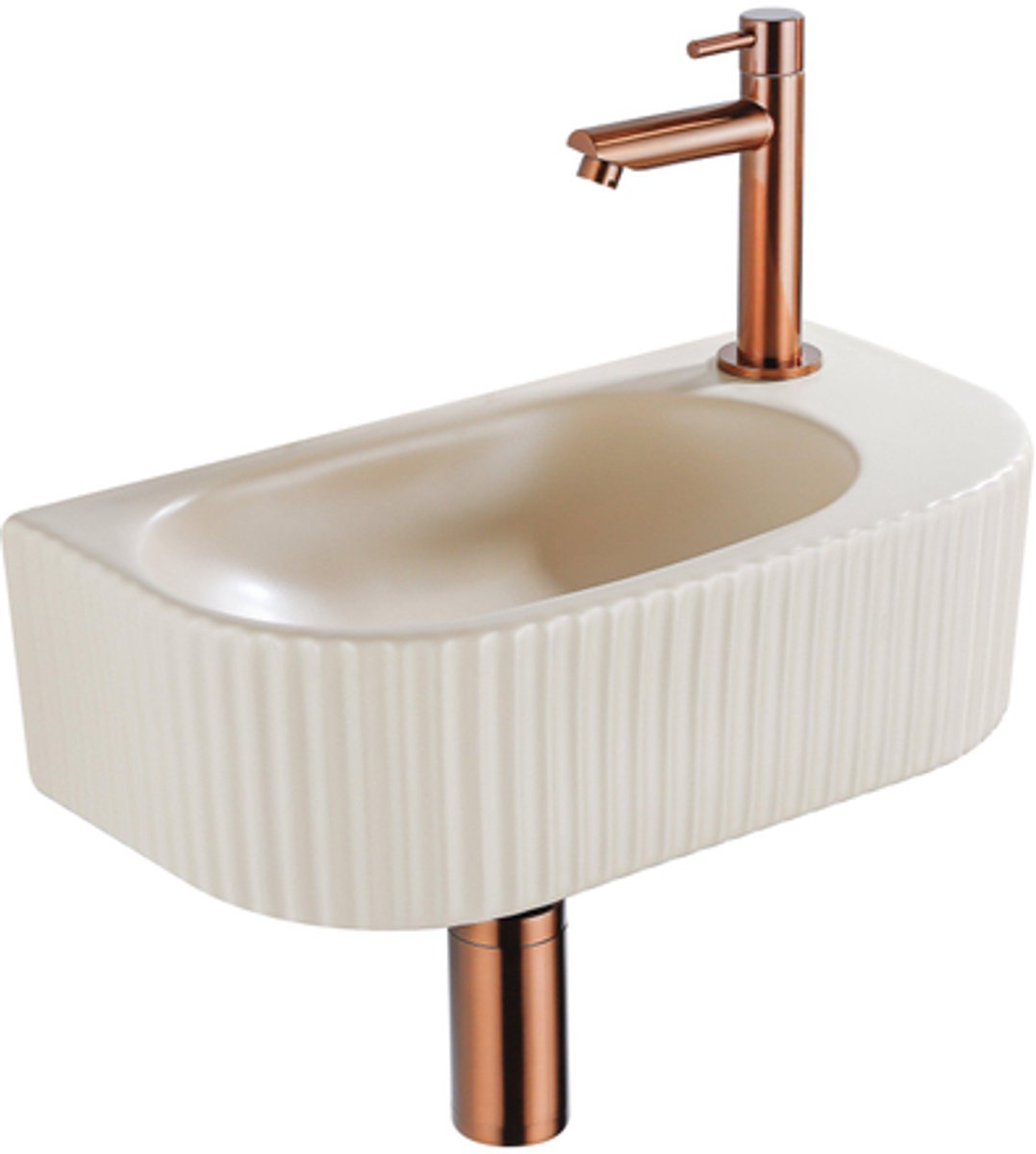 Fugaflow Efficiente Pietra Fonteinset - 40x21.5x12cm - rechts - geribbeld - halfrond - 1 kraangat - keramiek - fonteinkraan geborsteld koper - afvoerplug - verlaagd sifon - beige