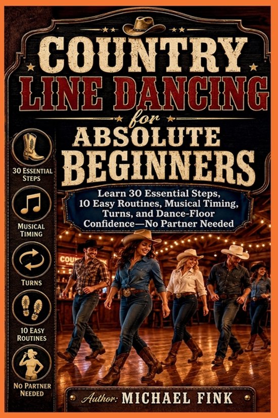 Boekomslag: Country Line Dancing for Absolute Beginners met een foto van dansende mensen in een countrybar.