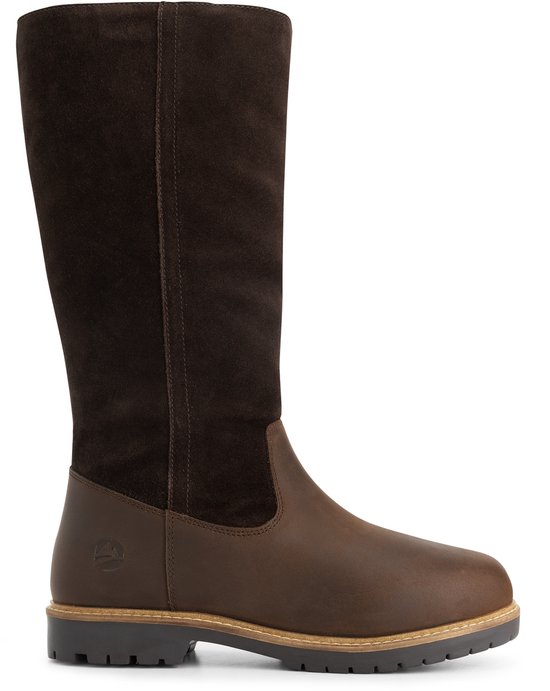 Botte outdoor Travelin marron foncé en cuir et daim avec logo sur le talon.