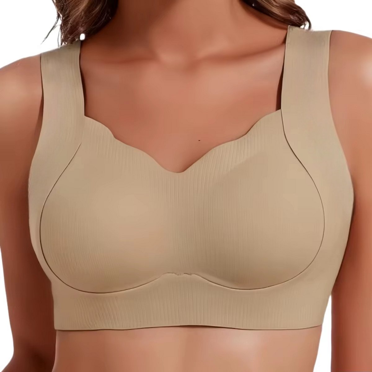 Dames BH Zonder Beugel – Geribbelde Push-Up BH, Naadloze Comfort BH met Brede Band, Grote Maten Lingerie voor Dagelijks Gebruik - khaki - Maat L