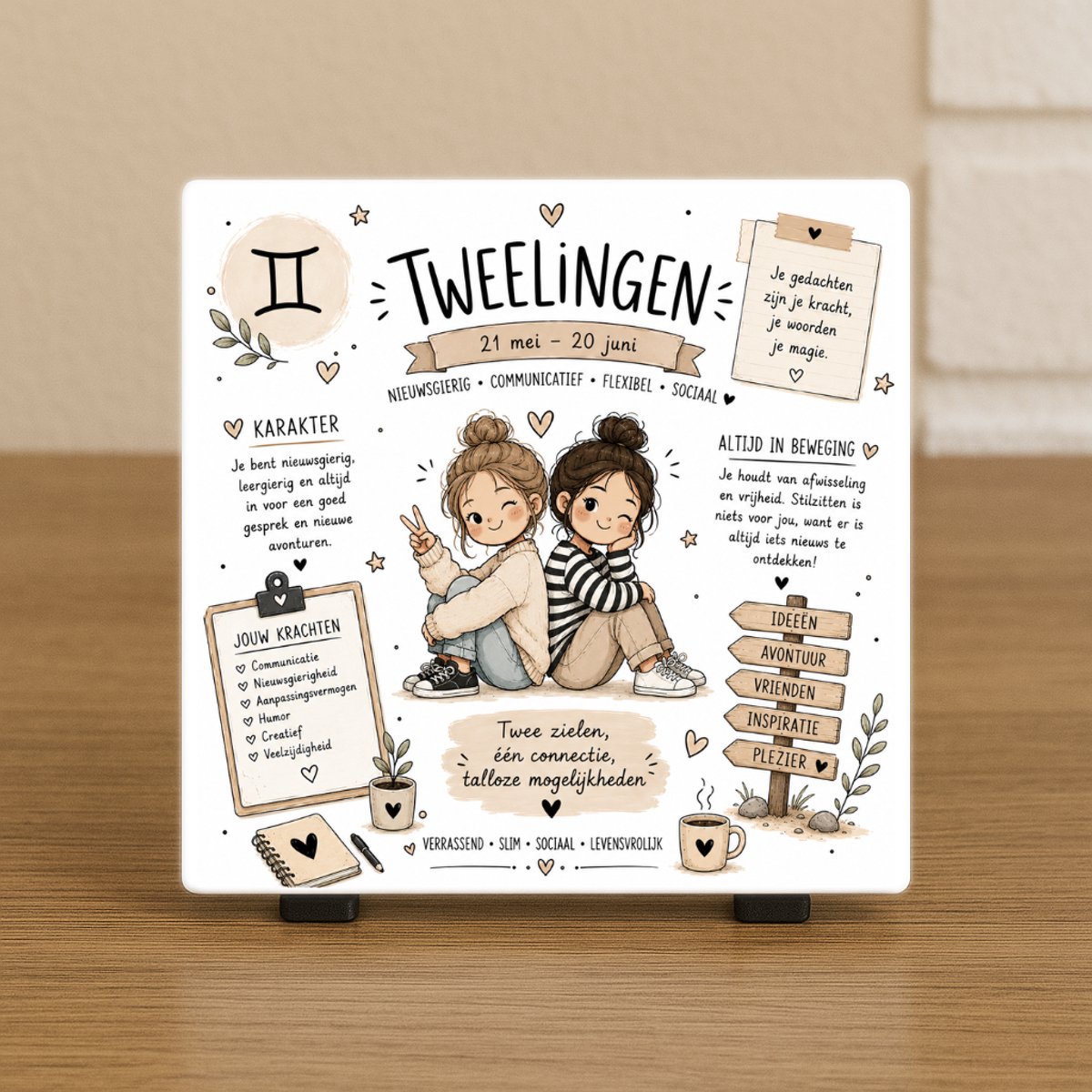 Wenstegeltje "Horoscoop Tweelingen" – Luxe Cadeautegel met Tekst – Perfect Cadeau voor verjaardagen, vriend(in), collega’s - Trendy nu - Keramiek - Zomaar – Cadeau – Incl standaard - Horoscoop