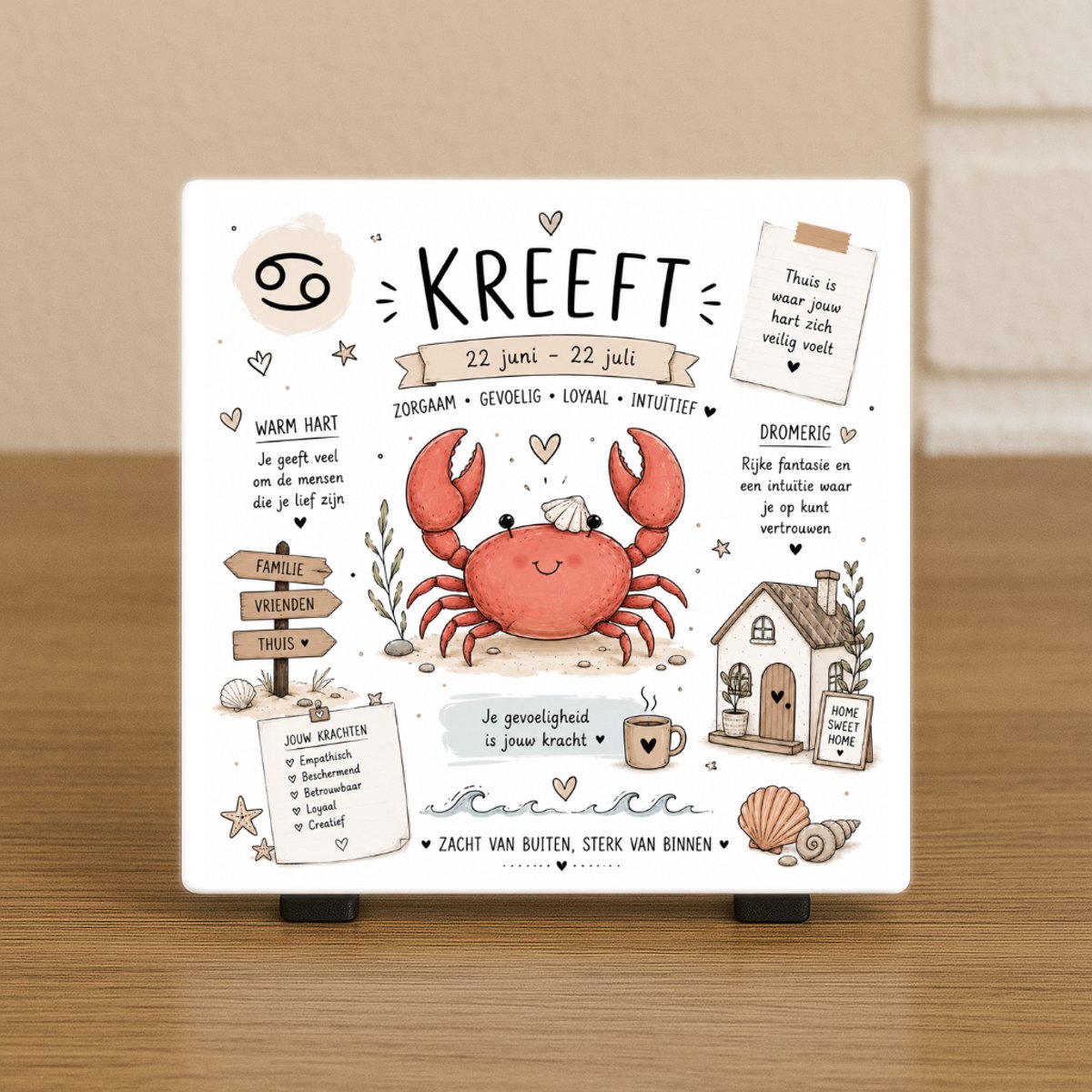Wenstegeltje "Horoscoop Kreeft" – Luxe Cadeautegel met Tekst – Perfect Cadeau voor verjaardagen, vriend(in), collega’s - Trendy nu - Keramiek - Zomaar – Cadeau – Incl standaard - Horoscoop