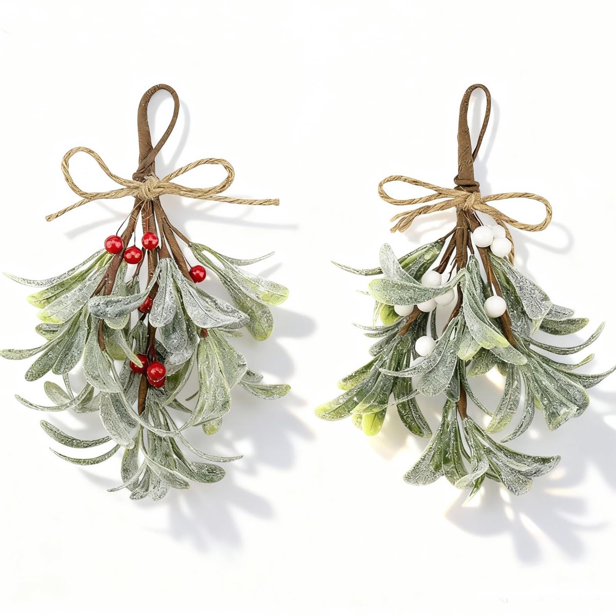 2 stuks kerstmiettak decoratie, kunstmaretak, 23 cm glitter maretakdecoratie met witte rode bessen kerstboomaccessoires