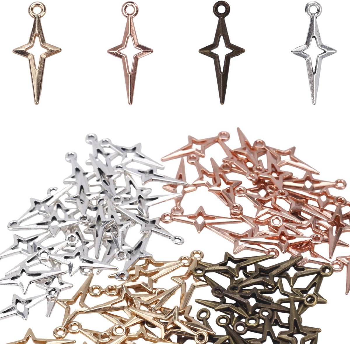 Bedels voor Het Maken van Sieraden, 2,3 x 1cm Mini-Holle Vierpuntige Sterhanger Bedels voor Doe-Het-Zelf-Knutselwerkjes Armbanden Kettingen Oorbellen en Sleutelhangers