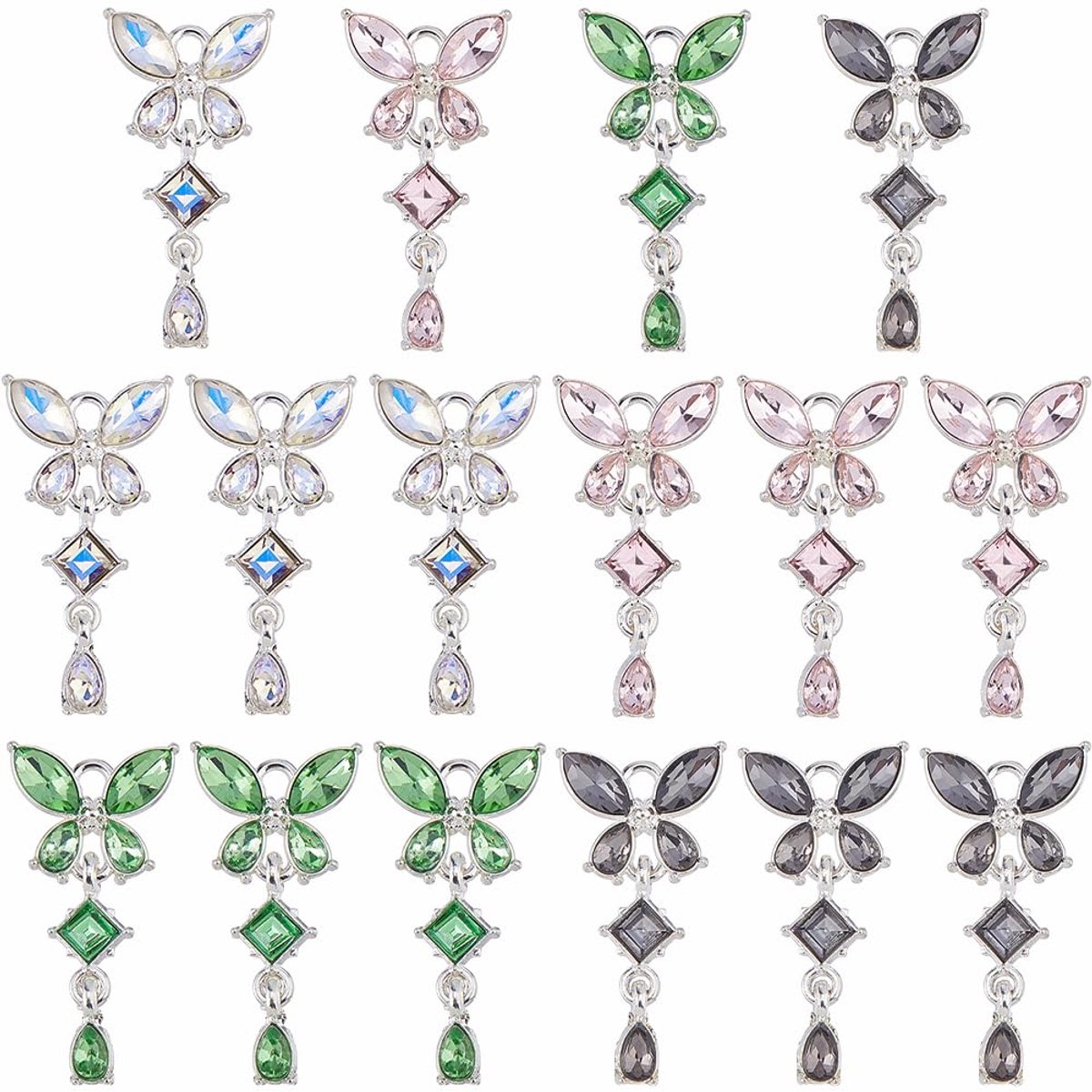 16 stuks 4 kleuren vlinder bedels legering strass vlinder hangers micro effenen zirkonia hangers elegante kristallen zirkonia bedels met zilveren lus voor sieraden maken, gat: 2,5 mm
