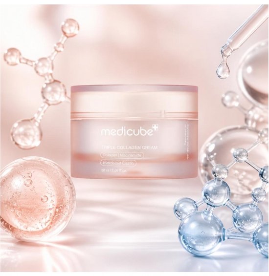 Medicube Triple Collagen Cream pot met moleculaire structuren en bubbels.