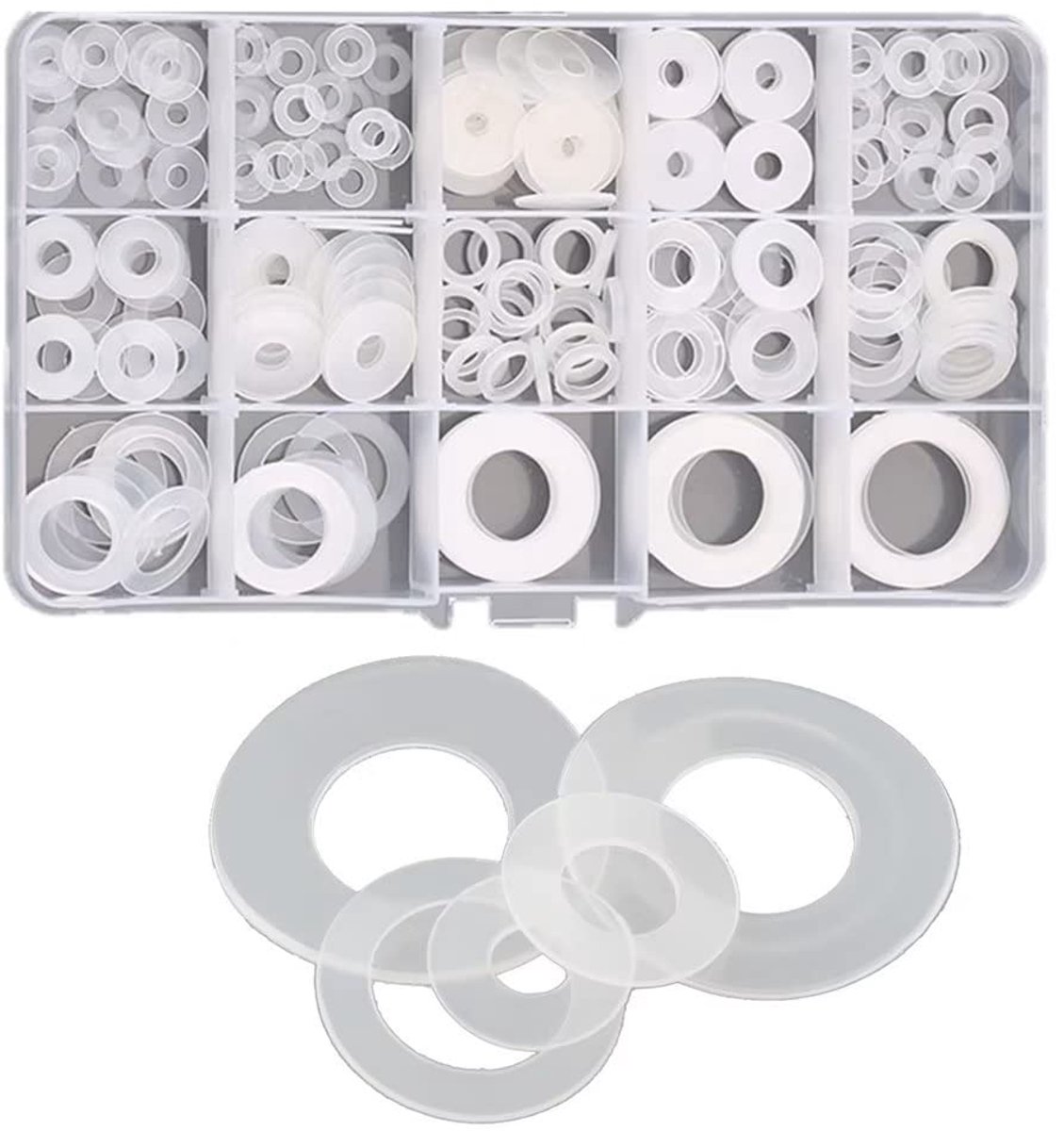 Set van 250 nylon sluitringen, kunststof sluitringen, platte sluitringen, set M3,5 - M20