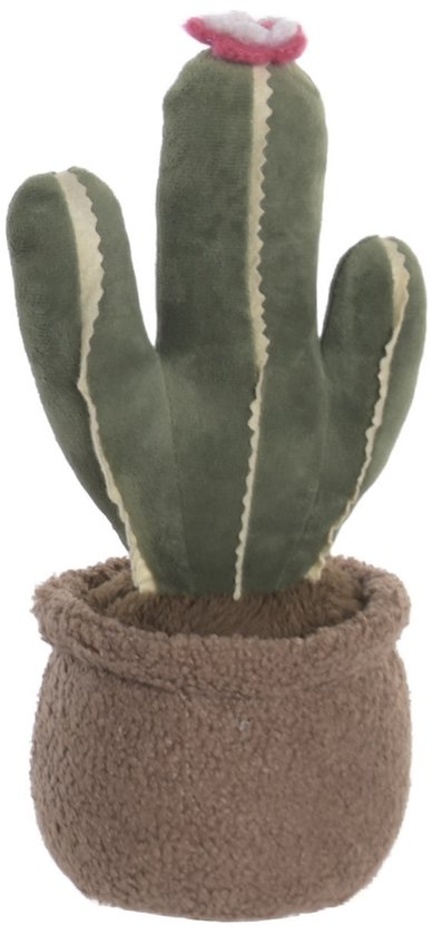 Groene pluche cactus deurstopper met roze bloem en bruine pot.