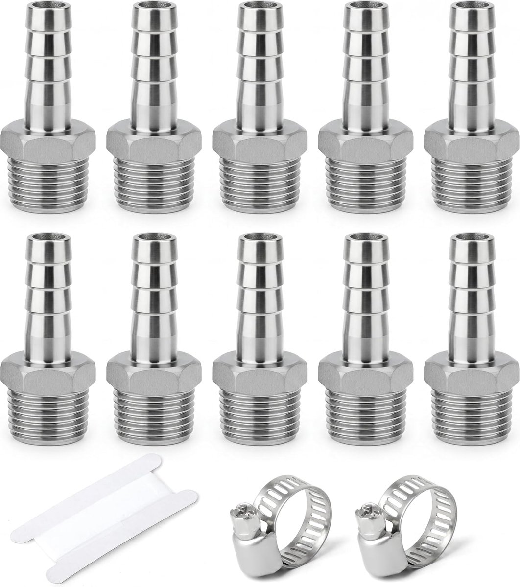 10 Stuks Slangtang-Klemkoppeling, 6 mm Slangtang Naar 1/4" BSP-Buitendraad, 304 Roestvrij Staal Voor Water, Industrieel