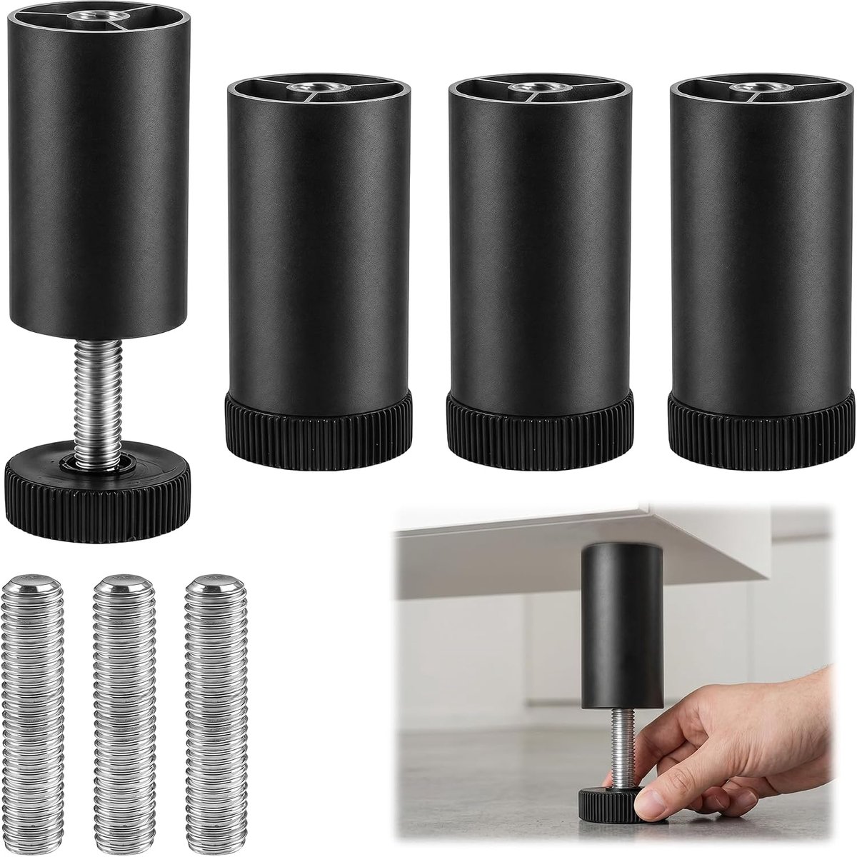 Poten Aluminiumlegering | Zwarte Kastpoten Verstelbare Meubelpoten,Verstelbare Kastpoten met M8-Draad voor Bank,Bureau,Werkblad,Kledingkast,TV-Meubel