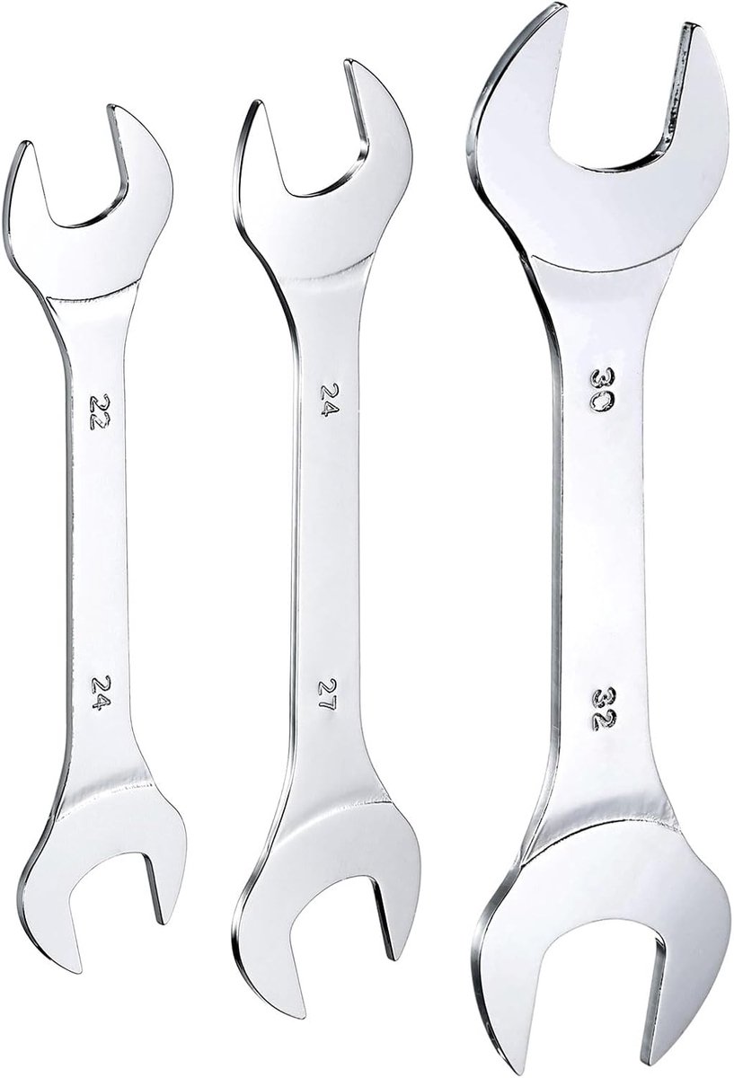 3-delige set dubbele sleutels met dunne opening, 22 × 24 / 24 × 27 / 30 × 32 mm, metrisch, zeer dun, klein, platte kop, gepolijste spiegel, steeksleutel voor reparatie