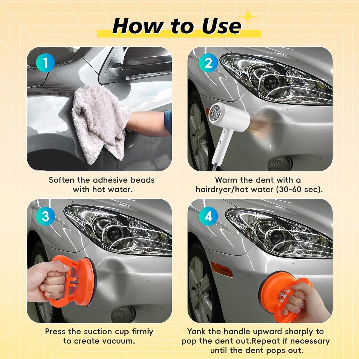 deuktrekker auto, 3-delige deukreparatieset met sterke zuignappen, reparatieset voor auto, glas, tegels en gladde oppervlakken (1 groot oranje + 2 klein zwart)