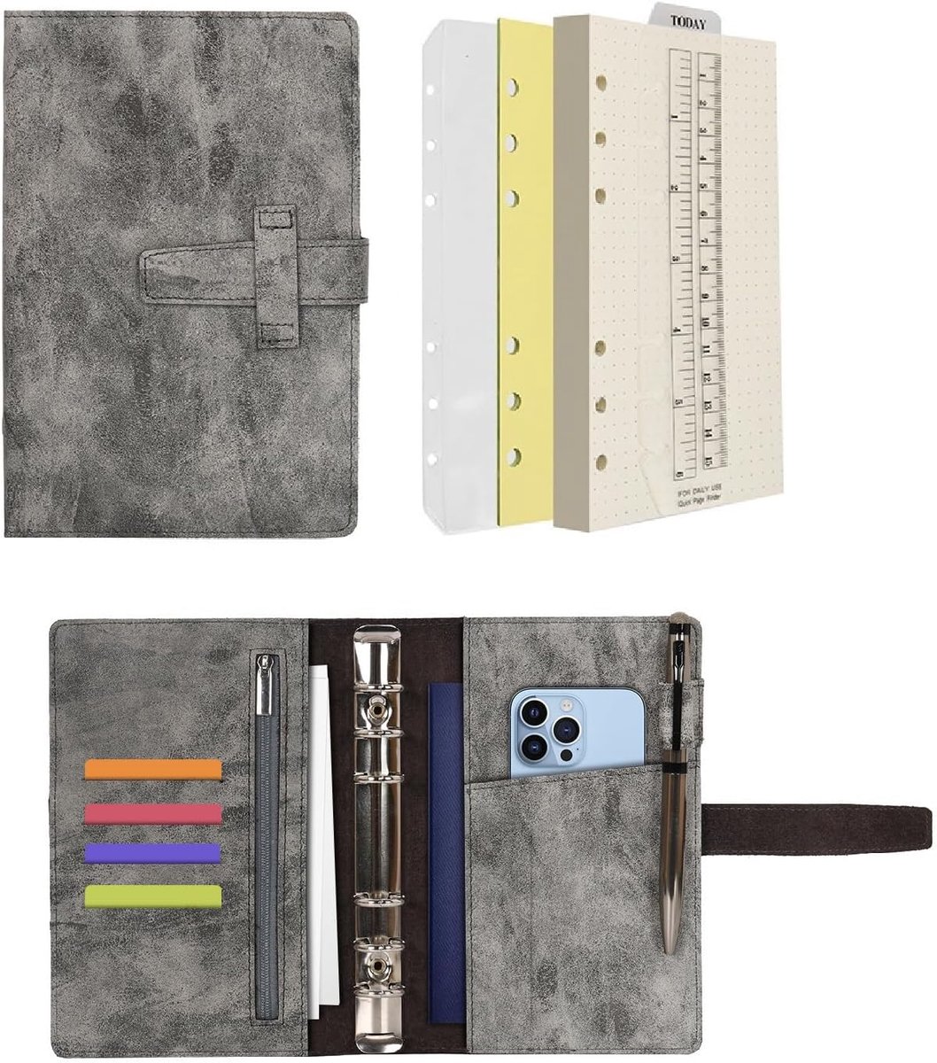 Lederen zuivel 6 ringband notitieboek map organizer met gestippeld papier navulbaar schrijven notitieboek en meerdere zakken hoes voor zaken studie reizen met Pen (Grijs,A6)