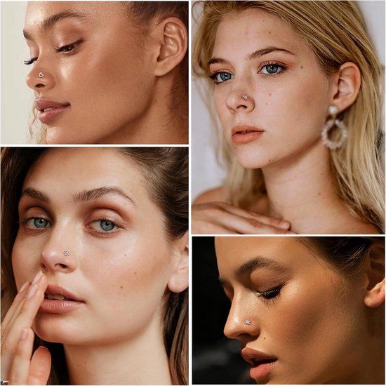 14 stuks 20 g neuspiercings voor dames, hanger, 14 K goud, zilver, roestvrij staal, neusstekers, L-S, kurkentrekker, piercing, hart, maan, neus, stud, nostril, piercing voor dames — afbeelding 3