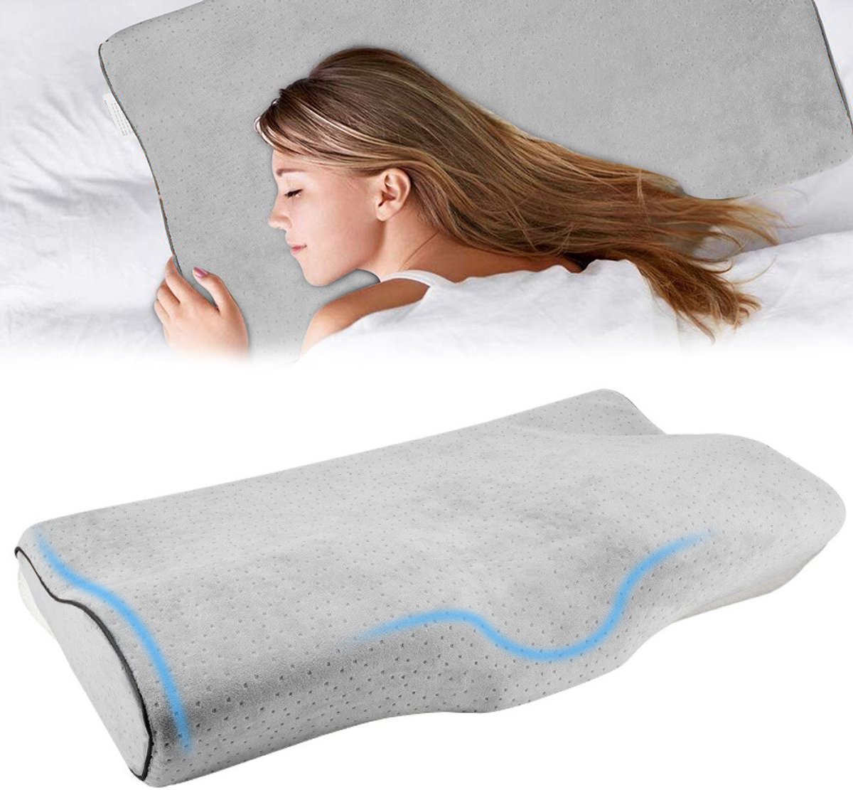 Hoofdsteun van traagschuim - Orthopedisch nekkussen van traagschuim - Kussen van traagschuim met langzame terugvering - Neksteunkussen - Ergonomisch - Anti-snurkkussen in vlindervorm - Geschikt voor rug- en zijslapers - Grijs