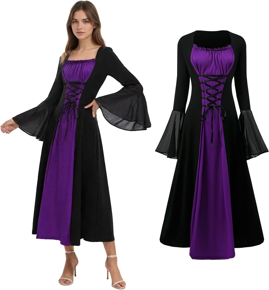 Renaissance-kostuum voor vrouwen, middeleeuwse jurk met trompetmouwen, vampierrobe kostuum, gothic jurk voor dames voor Halloween-feest