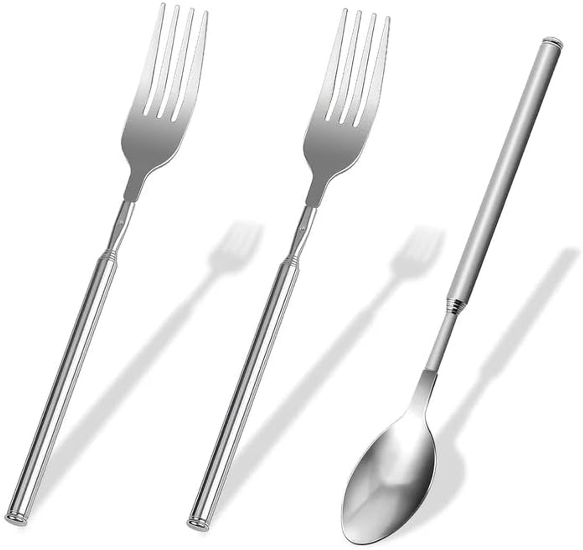 vork, 3-delige set, uittrekbare vork, roestvrij staal, telescopische vork met lange handgreep, telescopische lepel, bestek, intrekbare 22,1-64,6 cm lange vork, uitschuifbaar voor BBQ en