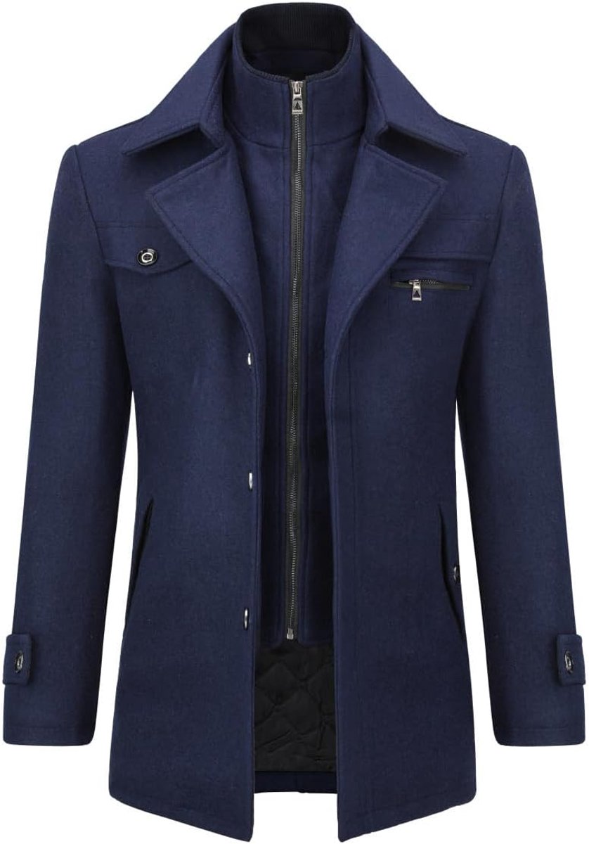 Heren Winter Gewatteerde Jas Wollen Trench Overjas Mid Lengte Jas Casual Slim Fit Jas Jas