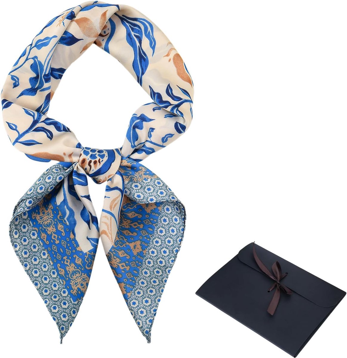 Bandana, Vintage Satijnen Sjaaltje, Licht Zijdezacht Hoofddoekje met Grafische Print, 70x70 cm, Voor Hals, Hoofd, Pols of Handtas, Inclusief Zwarte Geschenkdoos