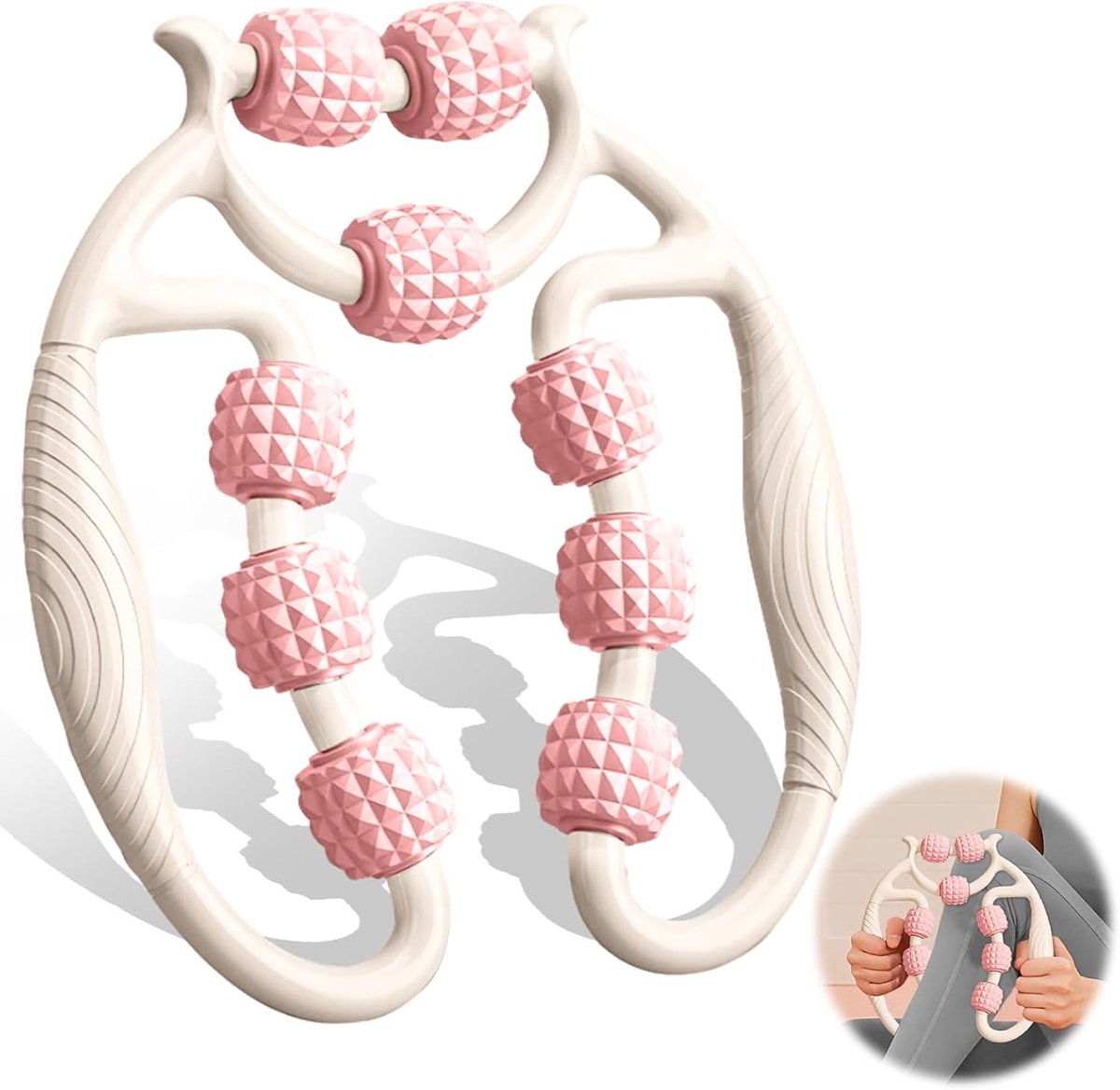 Massageroller voor benen, handmatige fasciarol, beenmassageroller met handvat en 9 wielen, cellulitis massageapparaat voor ontspanning voor dijen, glutee, nek, voet, buik en armmassage, wit +