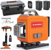 Oranje JACKMEND 4D kruislijnlaser met accessoires: draagkoffer, afstandsbediening, muurbeugels, statief, laserdetector.
