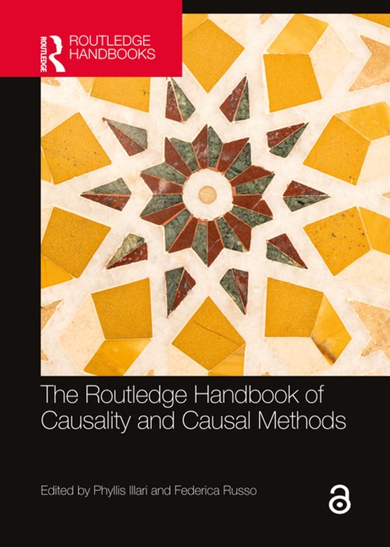 De Routledge Handbook of Causality and Causal Methods, met een decoratief mozaïekpatroon in geel, groen en rood.