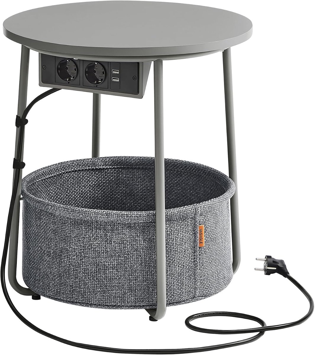 VASAGLE Ronde bijzettafel met oplaadstation, kleine tafel met stopcontact, salontafel, USB-aansluitingen, stoffen mand, woonkamer, slaapkamer, nachtkastje modern, duif grijs leisteen grijs