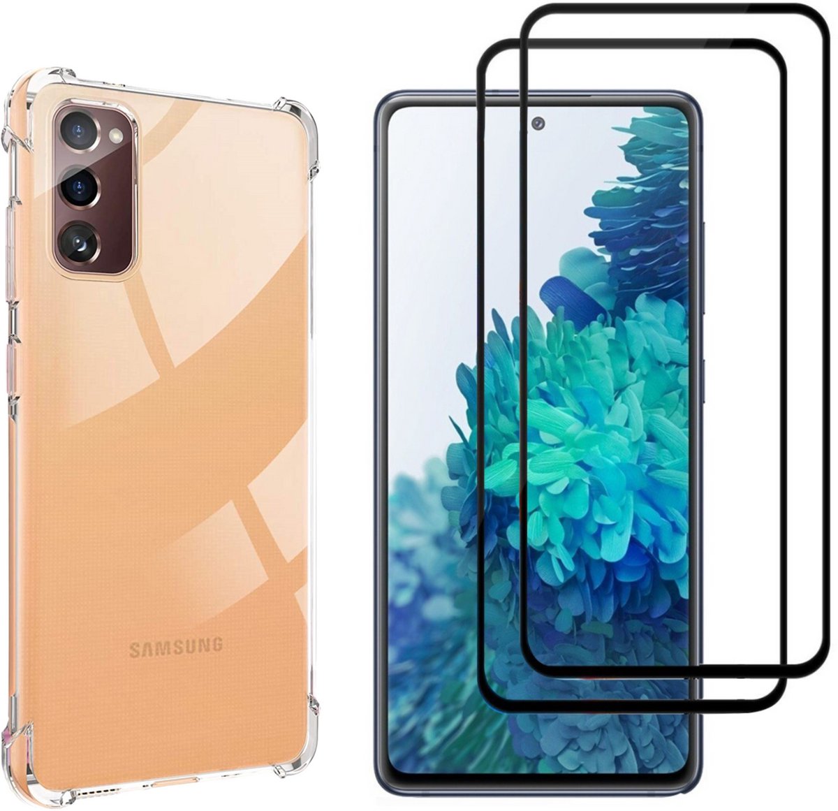 Hoesje geschikt voor Samsung Galaxy S20 FE backcover Shockproof siliconen Transparant en 2 stuks Screenprotector Gehard Glas Zwart