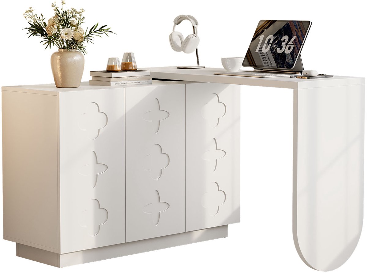 Bureau - Draaibaar Kaptafel En Studiebureau Met Kast 170cm - Wit