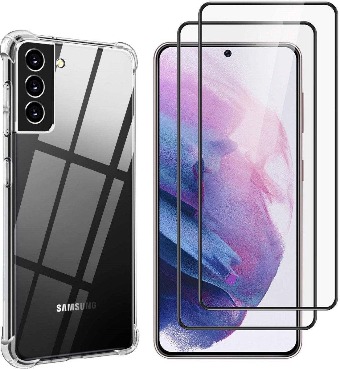 Hoesje geschikt voor Samsung Galaxy S21 Plus backcover Shockproof siliconen Transparant en 2 stuks Screenprotector Gehard Glas Zwart
