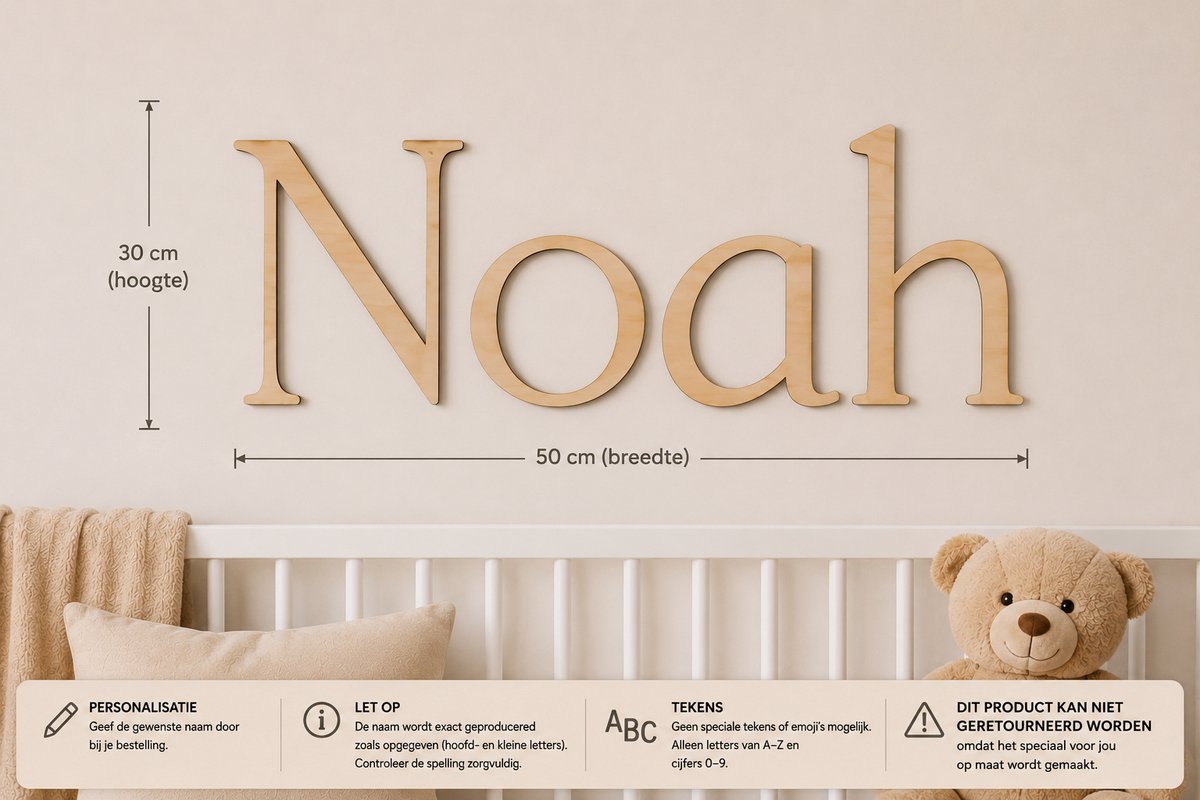 Gepersonaliseerde Houten Naam Muurdecoratie – Klassiek Lettertype – 50 x 30 cm – 5 mm Multiplex – Babykamer & Kinderkamer