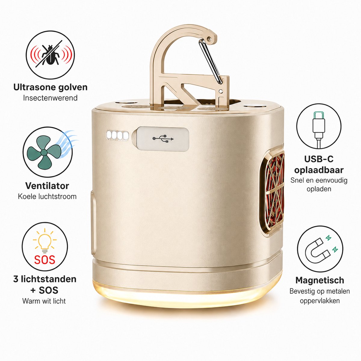 Torngat TentLight Pro LED Campinglamp – USB-C Oplaadbare Tentlamp & Noodlamp met Ventilator, SOS-Licht, Powerbank en Ultrasone Functie – Voor Camping, Tent, Caravan, Auto, Tuin & Stroomuitval – 1200mAh – Champagne Goud