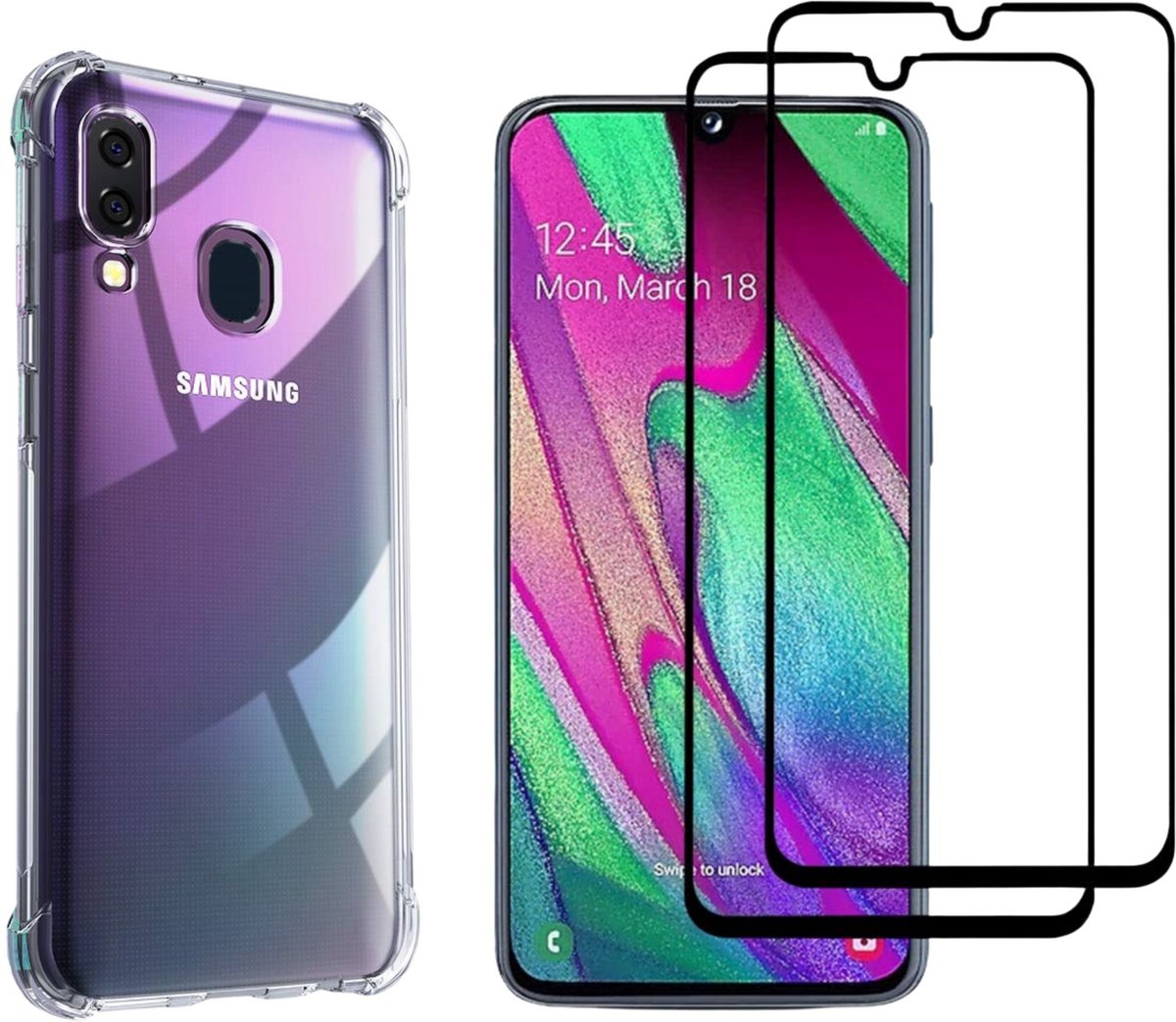 Hoesje geschikt voor Samsung Galaxy A40 backcover Shockproof siliconen Transparant en 2 stuks Screenprotector Gehard Glas Zwart
