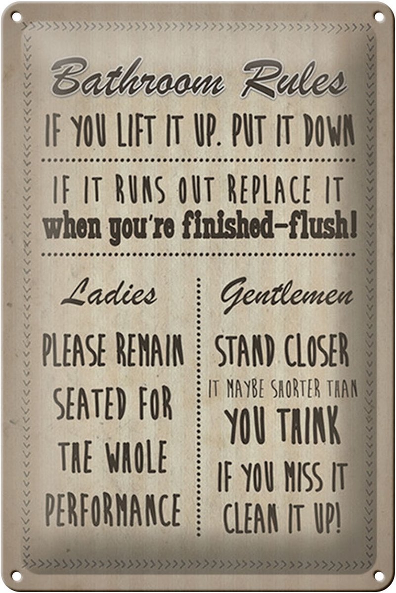 Blechschild Spruch 20x30cm Bathroom Rules Ladies Gentlemen