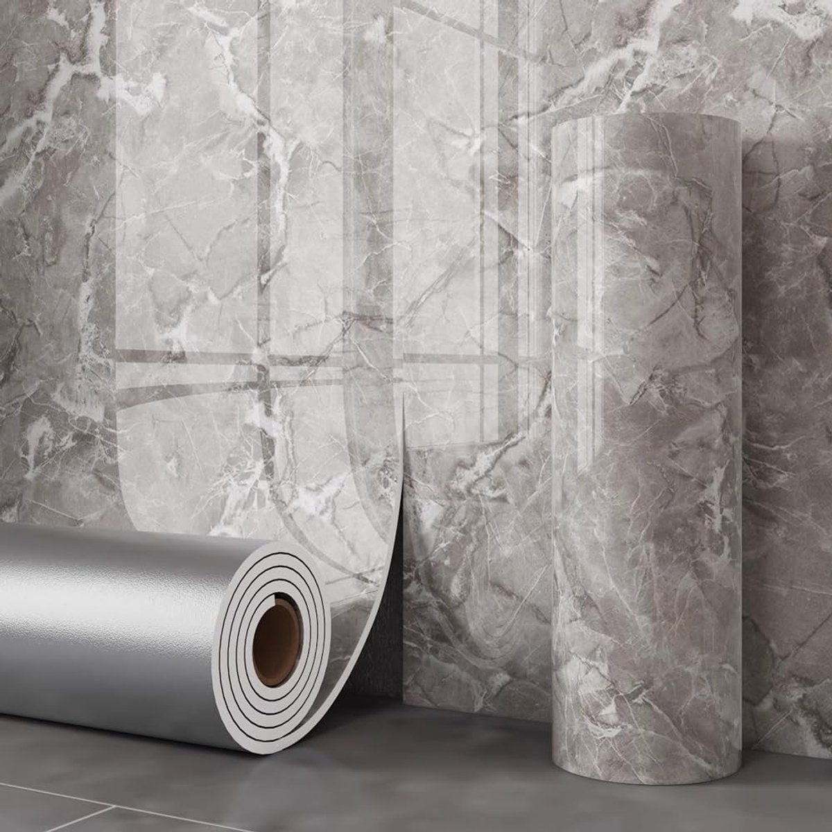 KZQ Glanzend Marmerlook Zelfklevend Behang Waterdicht Vinyl 40x300 Cm Voor Keuken Badkamer En Werkblad Grijs