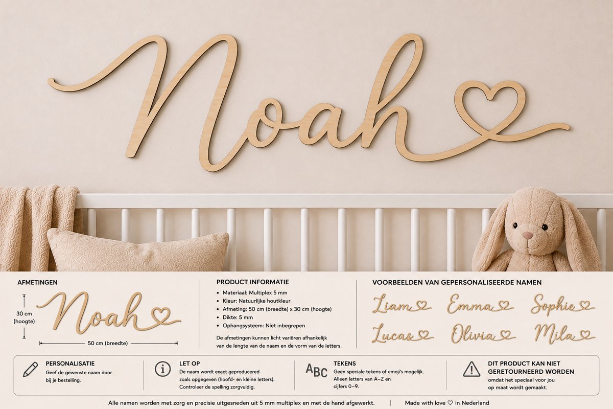 Gepersonaliseerde Houten Naam met Hartje – 50 x 30 cm – Multiplex 5 mm – Babykamer & Kinderkamer Muurdecoratie/ baby