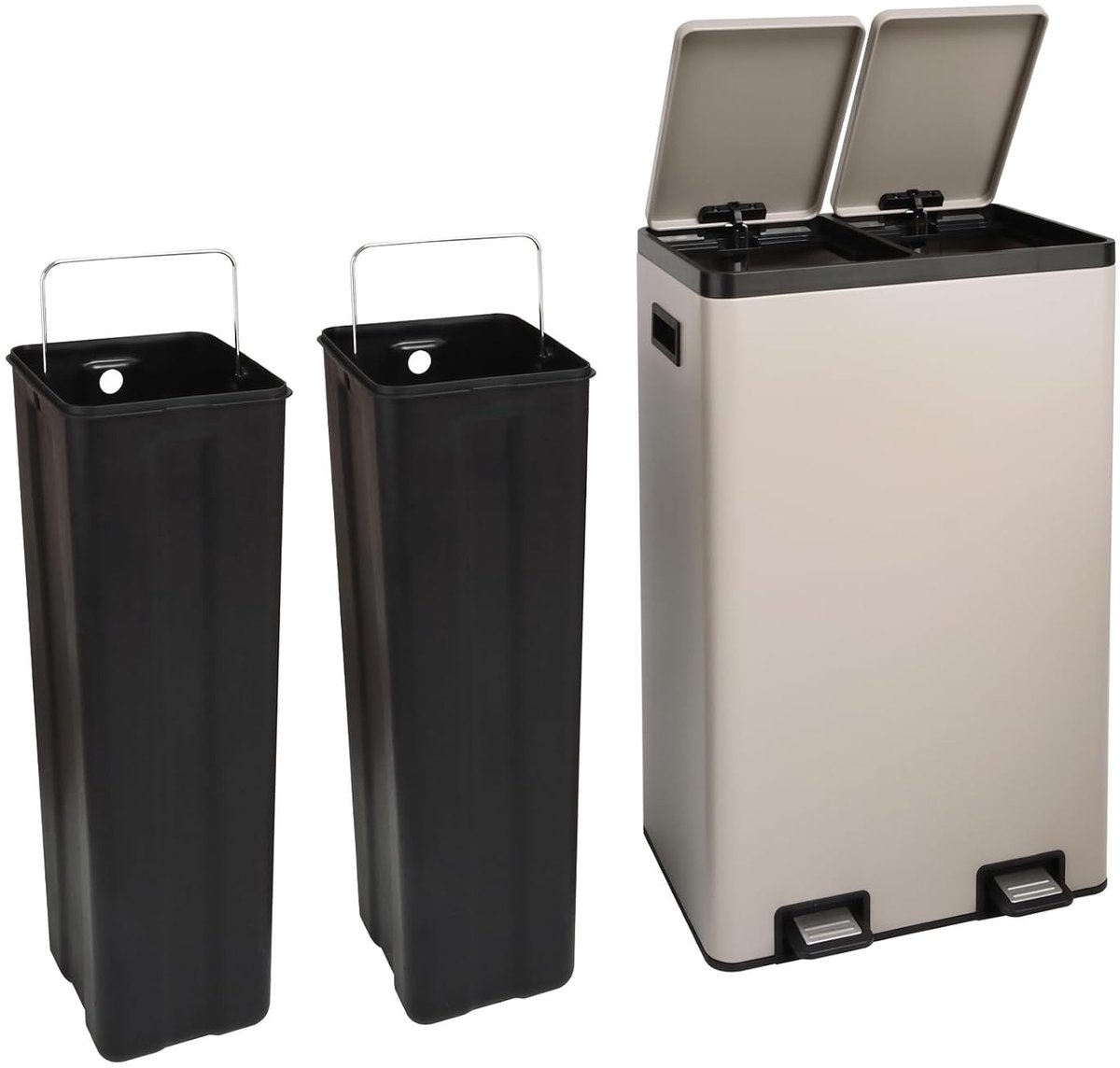 Afvalscheidingsprullenbak 2x30L - Dubbele Prullenbak met Pedaal - Soft Close Deksel - Uitneembare Binnenemmers - 60 Liter Afvalbak voor Keuken, Kantoor en Huishouden - Afvalscheider Pedaalemmer Vuilnisbak
