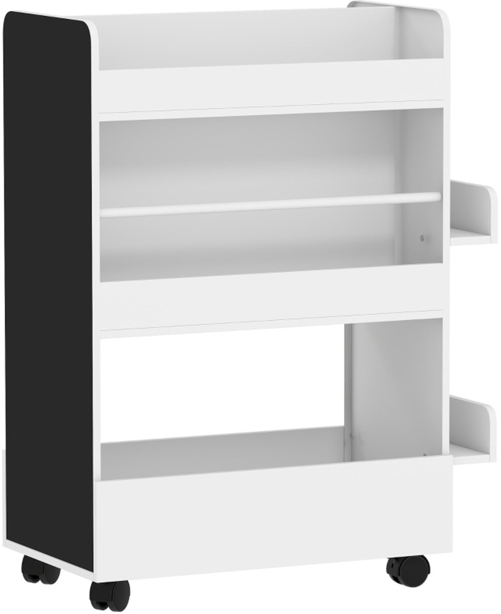 REDOM - Kinder boekenrek - 4 planken met bodemvak en 2 zijpanelen - Met 360° wielen en remmen - Met krijtbord - Kinderkamer - MDF - Wit - 66,5 x 32,5 x 86,5 cm