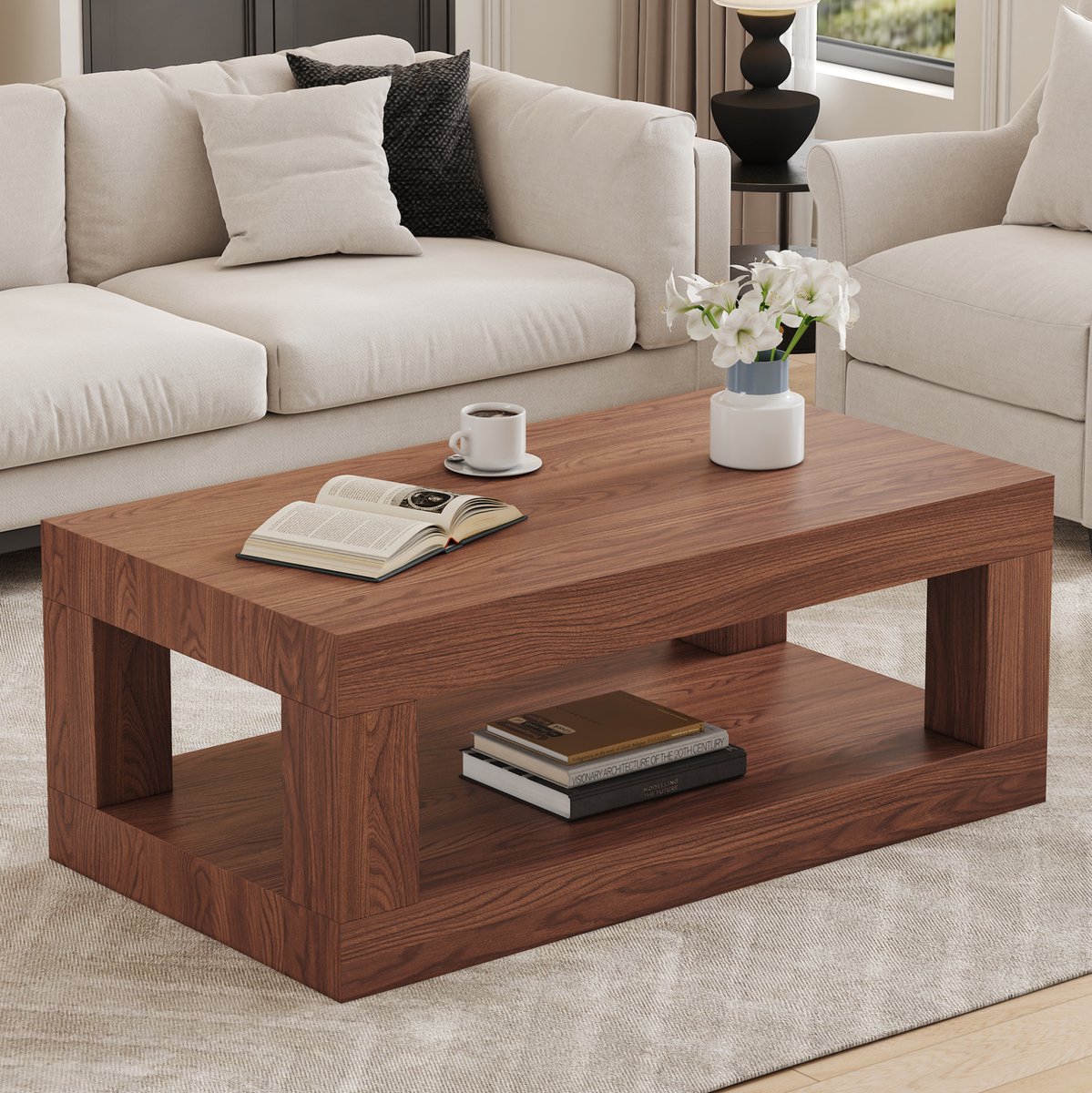 REDOM - Salontafel - Rechthoekig - 2-laags open opbergvak - Eenvoudige montage - MDF - Modern - Woonkamer - Walnoot - 93 x 53 x 46 cm