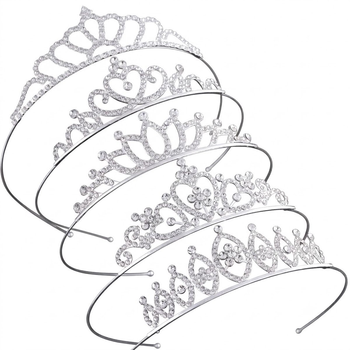 Zilverkleurige witte tiara dames met transparante sierstenen kroon haar accessoire opengewerkt ontwerp voor bruiloft gala feest prinsessen look met sierlijke boogvormige details