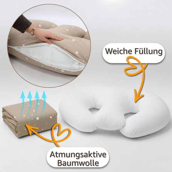 Borstvoedingskussen Tweeling Voedingskussen Baby - 90x50 cm - Ergonomisch Positioneringskussen Materniteit Multifunctioneel Ondersteuning Zacht Afneembare Hoes Oeko-Tex Beige met witte sterren — afbeelding 3
