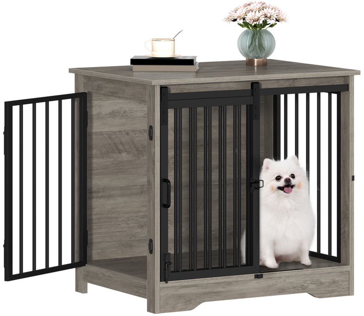 Hzuaneri 69 cm Hondenbench, meubel, hondenbox, 2 deuren, modern hondenhok voor kleine, middelgrote honden, bijzettafel, hondenhuis voor thuis, 49 × 69 × 64.5 cm, Lichtivoor