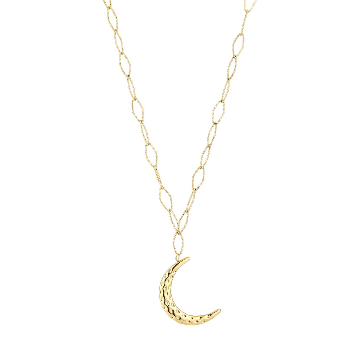 Crescent Moon Pendant Oval Link Chain Long Necklace – 60 CM Lange Ketting met Maan – RVS - Goud