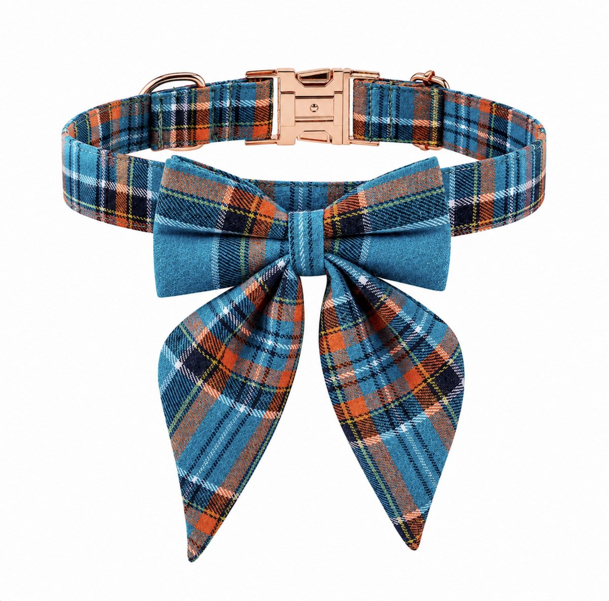 Dogs&Co Luxe Hondenhalsband met Strik Maat M – Blauw Geruit Design & Roségouden Gesp