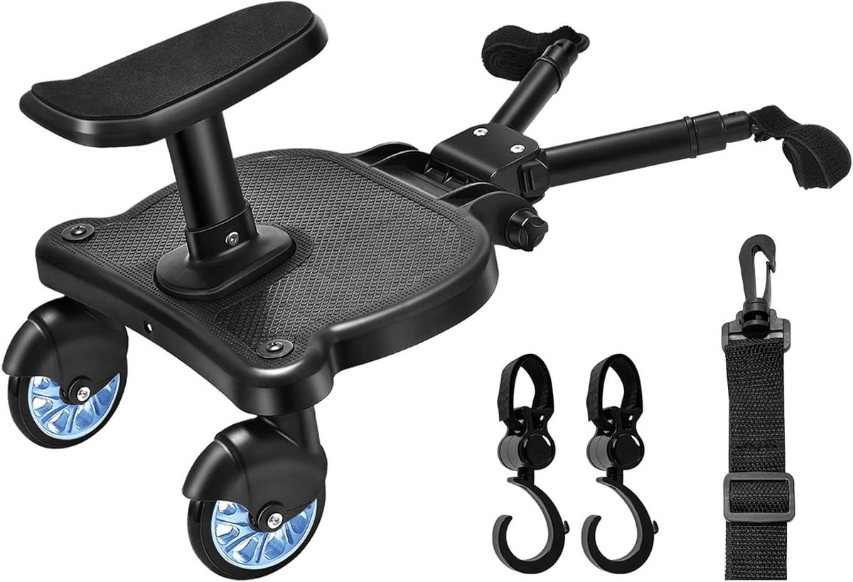 Meerijdplank met Zitje - Buggy Board Kinderzitje - Kinderen Vervoeren - Universele Kinderwagen Bevestiging - 25 kg Max Gewicht - Blauw